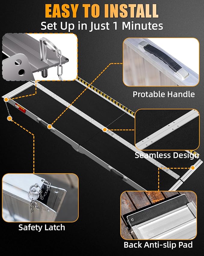 VNN Portable Wheelchair Ramp 5FT, Seamless Non-Slip Aluminum Ramps for Wheelchairs for Home, Handicap Wheelchair Ramps for Home Steps, Aluminum Loading Dock Plates