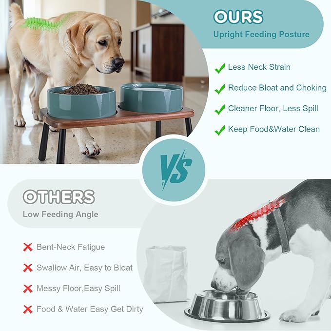 SPUNKYJUNKY Ceramic Elevated Dog Bowls Raised with Acacia Bamboo Wooden Stand, 8.3'' Dog Food Water Bowls Set Non-Slip for Medium Large Sized Breed Microwave Dishwasher Safe - 60 OZ,Dark Green
