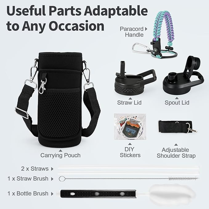 32 oz Insulated Water Bottle with Straw (Cold for 48 Hrs), Stainless Steel Triple Wall Vacuum Sports Water Jug, Leakproof Hydro Cup Flask with Paracord Handle & Straw Spout Lids & DIY Stickers