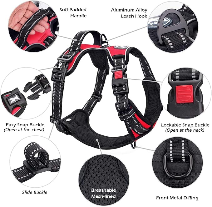 PoyPet No Pull Dog Harness, No Choke Front Clip Dog Reflective Harness, Adjustable Soft Padded Pet Vest with Easy Control Handle for Small to Large Dogs(Red,L)