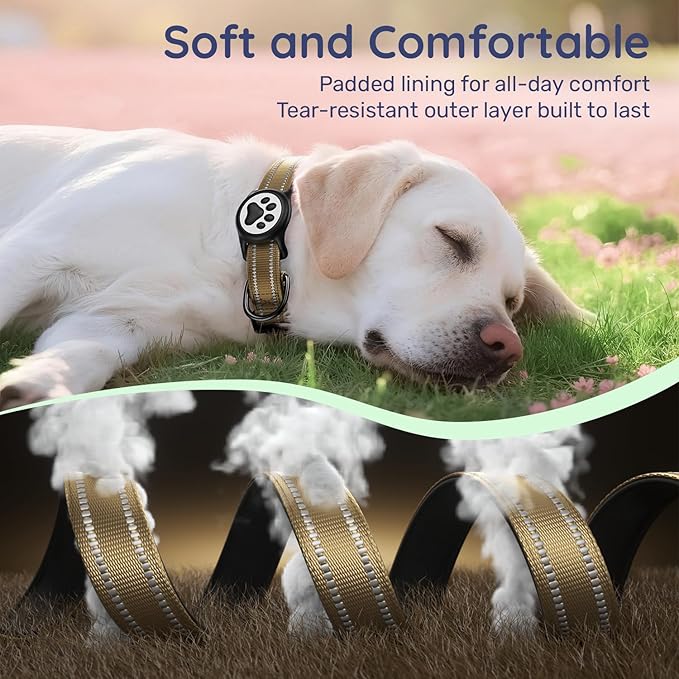 Airtag Dog Collar, Reflective Ultra-Durable Nylon Padded with QR Code Buckle & IP68 Waterproof Air Tag Holder Compatible for Apple AirTag, Comfortable for Small Medium Large Dogs(Brown,L)