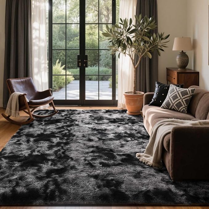 5x8 Ft Large Shag Rugs for Bedroom Living Room Decor for Men Boys, Tie Dyed Ultra Soft Fluffy Furry Area Rug for Indoor Floor, Aesthetic Carpet for Home Decor (Dark Grey)