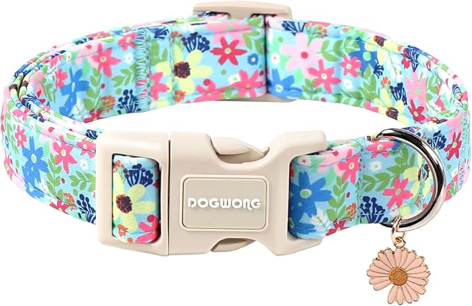 DOGWONG Cute Flower Printed Collar for Small Medium Large Dogs - Blue Floral Dog Collar for Girl Female Boy Dogs,S