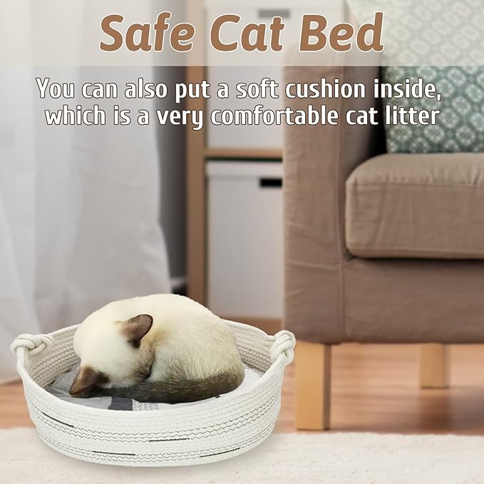 Fhiny Cotton Rope Dog Toy Basket with Handle Puppy Toys Storage Bin Small Woven Rectangle Diapers Pet Kitty Bed Perfect for Carry Pet Chew Toys Blankets Leashes Doggie Stuff - Beige M