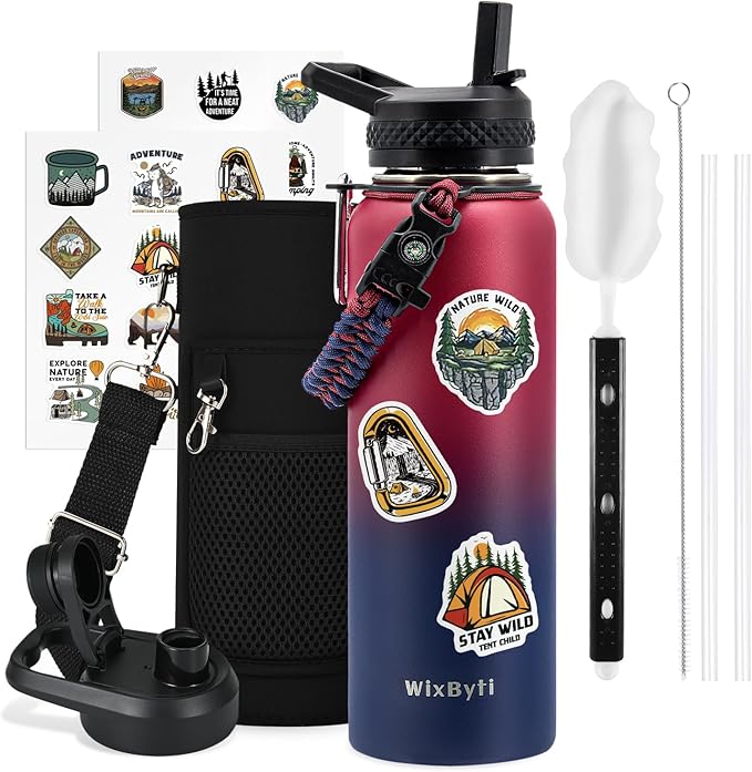 40 oz Insulated Water Bottle with Straw (Cold for 48 Hrs), Stainless Steel Triple Wall Vacuum Sports Water Jug, Leakproof Hydro Cup Flask with Paracord Handle & Straw Spout Lids & DIY Stickers