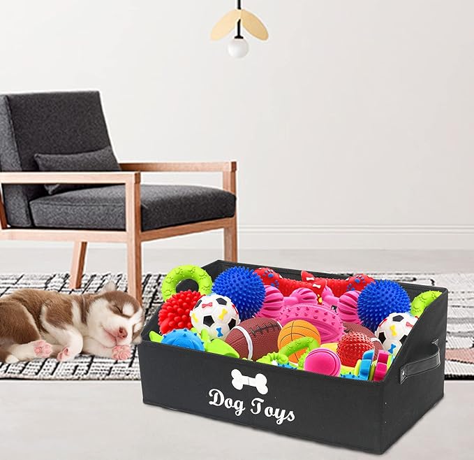 Morezi Linen-cotton blend dog toy basket and dog toy box, dog toy basket storage - Perfect for organizing pet toys, blankets, leashes, chew toys - Black - Dog