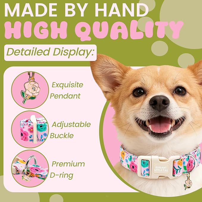 Elegant little tail Dog Collar, Pink Flower Print Spring Soft Cotton Puppy Collars Adorable Female Pet Gift Lightweight Plastic Adjustable Dog Collar for Small Dogs