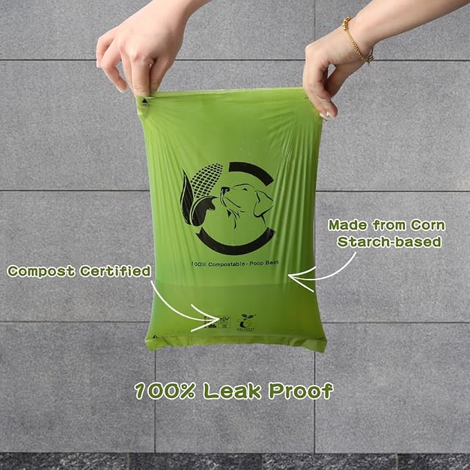 Certified Compostable Dog Poop Bags, 120 Count Landfill Friendly and Leakproof Waste Bags, Easy Open Unscented Forest Green Poop Bag for Dog, 15 Doggy Bags Per Roll (8 rolls)