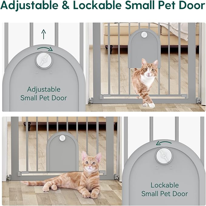 Babelio Auto Close Baby Gate with Small Cat Door, 29-43" Metal Cat Gate for Doorway, Stairs, House, Easy Walk Thru Dog Gate with pet Door, Includes 4 Wall Cups and 3 Extension Pieces, Gray