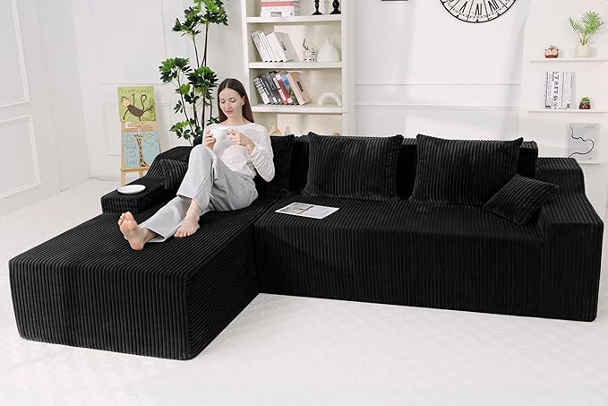 HABUTWAY 101'' Modular Sectional Sofa Cloud Couch with Deep Seat, Modern L-Shaped Convertible Couches Upholstered Couch with Chaise for Living Room Bedroom (Black, Left-Facing Chaise)