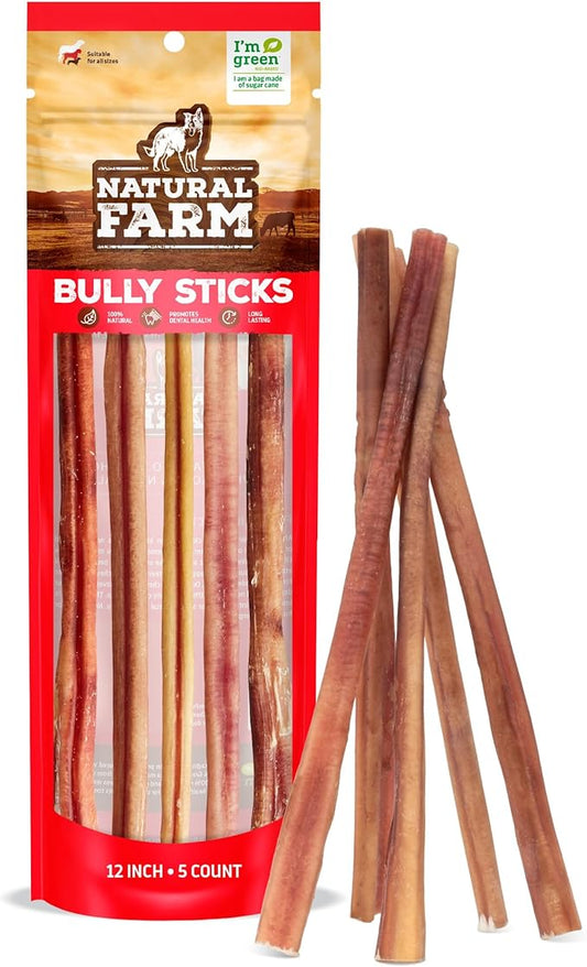 Natural Farm Bully Sticks, Odor-Free (12 Inch, 5 Count), 8.8 Oz. Per Bag, 100% Beef Chews, Grass-Fed, Non-GMO, Fully Digestible Dental Treats to Keep Your Small and Medium Dogs Busy and Happy