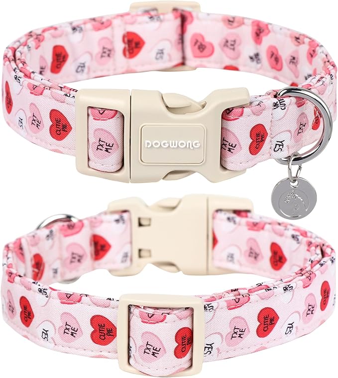 DOGWONG Valentine's Dog Collar, Adjustable Durable Pink Heart Dog Collar Cute Girl Dog Collar for Small Medium Dogs