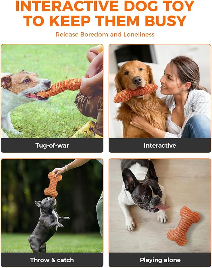 Squeaky Dog Toys for Small Dogs, Interactive Dog Plush Toy for Tough Play, Durable Chew Gifts for Puppy Teething to Keep Them Busy and Relieve Boredom (Orange Bone)