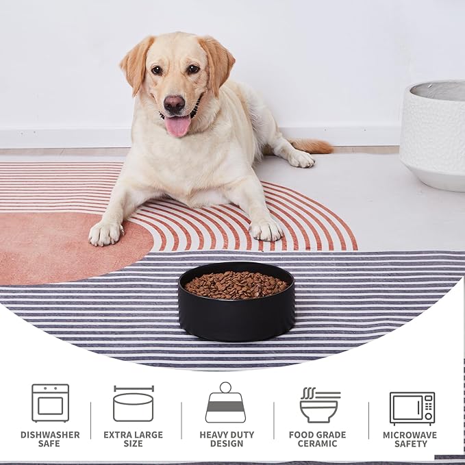 Ceramic Set of 2 Dog Bowls - Classic Dogs Food & Water Bowl for Small and Medium Breed, Heavy-Duty Non-Slip Dog Dishes, Food Grade Pet Bowl, Dishwasher & Microwave Safe (6'', 2*30OZ, Black)