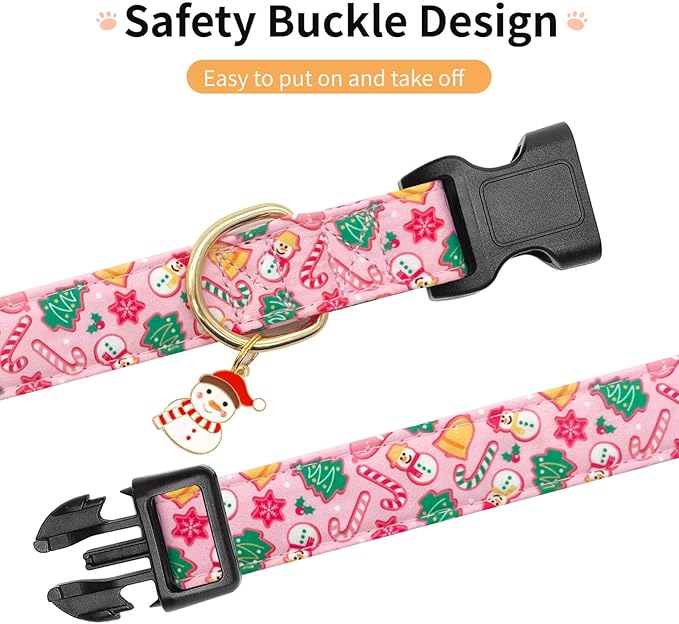 Christmas Dog Collar,Adjustable Cute Puppy Collar with Snowman Patterned Design for Small Medium Large Dogs,Soft Pet Collar with Safety Buckle for Girl Boy Dogs (Pink Snowman, Medium)