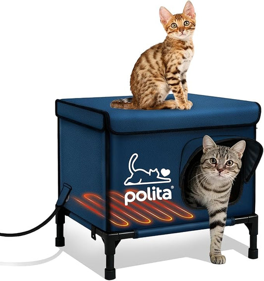 Polita Indestructible Heated Cat House for Outdoor Cats in Winter, Extremely Insulated & 100% Weatherproof, Elevated Feral Cat Shelter with Waterproof Eaves & Safe Escape Door for Stray & Barn Cats