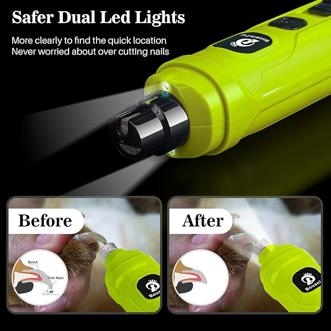 Bousnic Dog Nail Grinder with 2 LED Light - Super Quiet Pet Nail Grinder Powerful 2-Speed Electric Dog Nail Trimmer File Toenail Grinder for Puppy Small Medium Large Breed Dogs & Cats (Green)