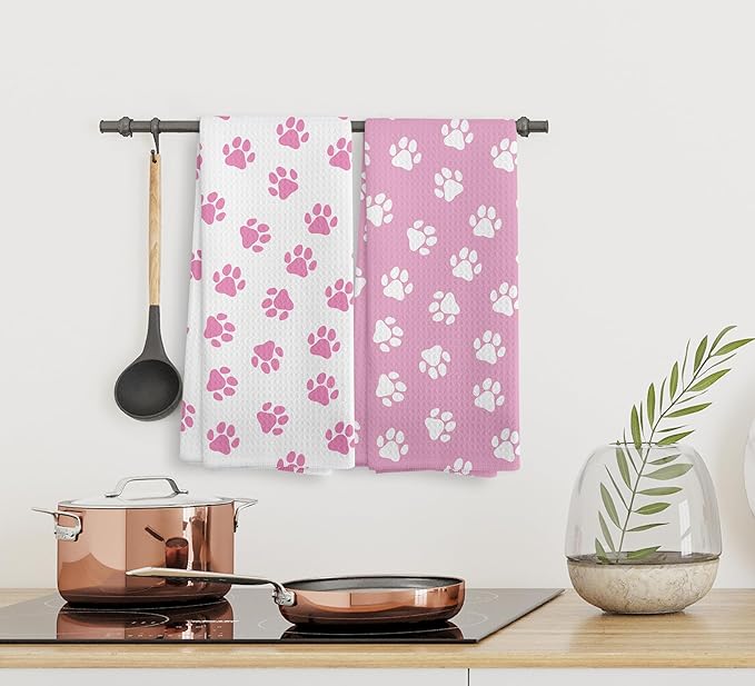 Pink Dog Paw Hand Towel and Dishcloths Set of 2, Light Pink Kitchen Towels, Cute Dish Towels for Bathroom, Dog Lovers Gifts for Girls, 16x24 Inch