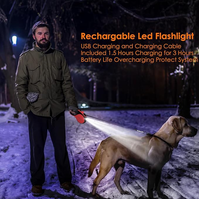 Retractable Dog Leash with Chew Proof Cable and LED Flashlight, 16Ft Heavy Duty Dog Leash for Medium Large Dogs up to 110lbs, 360째 No Tangle (Red+16ft+LED)