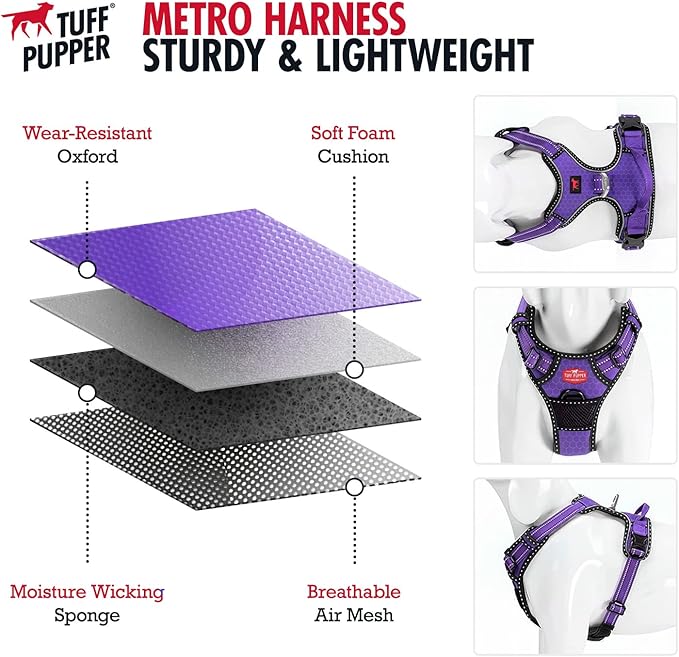 Tuff Pupper No Pull Easy Walk Dog Harness | Heavy Duty Pet Vest | Front & Back Leash Clips | Strong Safety Handle | Reflective Anti Pull Vest | Comfortable Padded Escape Proof Harness(X-Large, Purple)