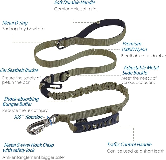 Hotsky Tactical Dog Leash Heavy Duty for Medium Large Dogs That Pull,4-6Ft Strong Bungee Shock Absorbing No Pull Dog Leash with Padded Double Handle and Car Seatbelt,Army Green