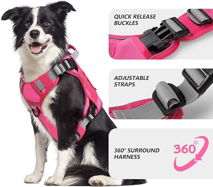 WINGOIN Tactical Dog Harness for Extra Large Dogs, Heavy Duty No Pull Dog Harness with Handle, Adjustable Reflective Military K9 Big Dog Vest for Great Dane, Walking, Training, Hunting, Pink (XXL)