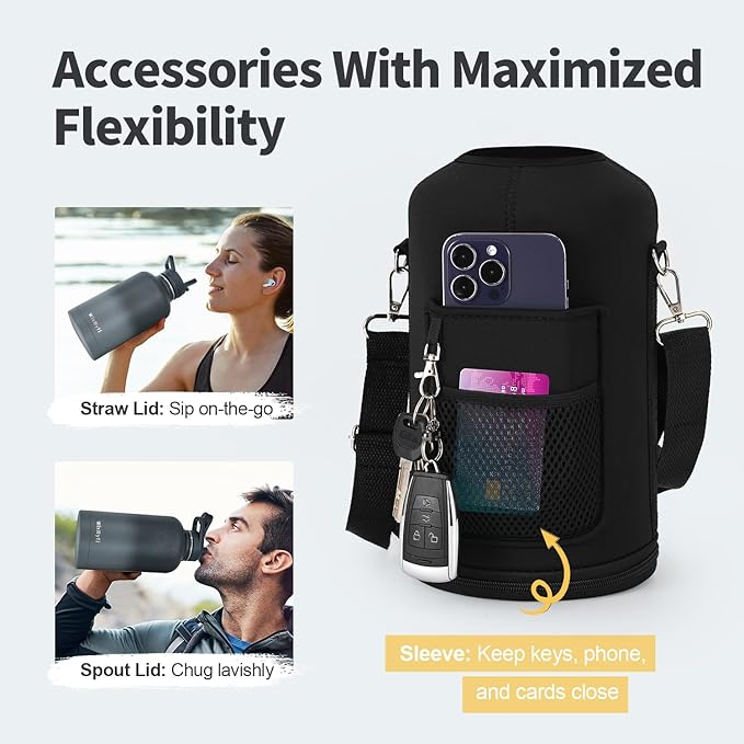 64 oz Insulated Water Bottle with Straw (Cold for 48 Hrs), Half Gallon Stainless Steel Triple Wall Vacuum Sports Water Jug, Leakproof Hydro Cup Flask with Straw Spout Lids & DIY Stickers