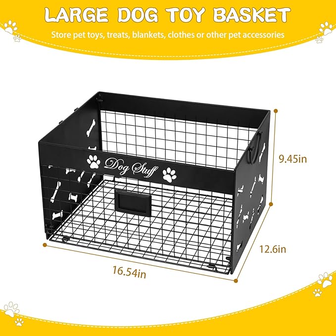 Dog Toy Basket - Large Dog Toy Box with Handles and Label Position Design for Living Room, Metal Dog Toy Bin Storage for Dogs Chew Pets Toys, Blankets, Clothes, Food (Black)