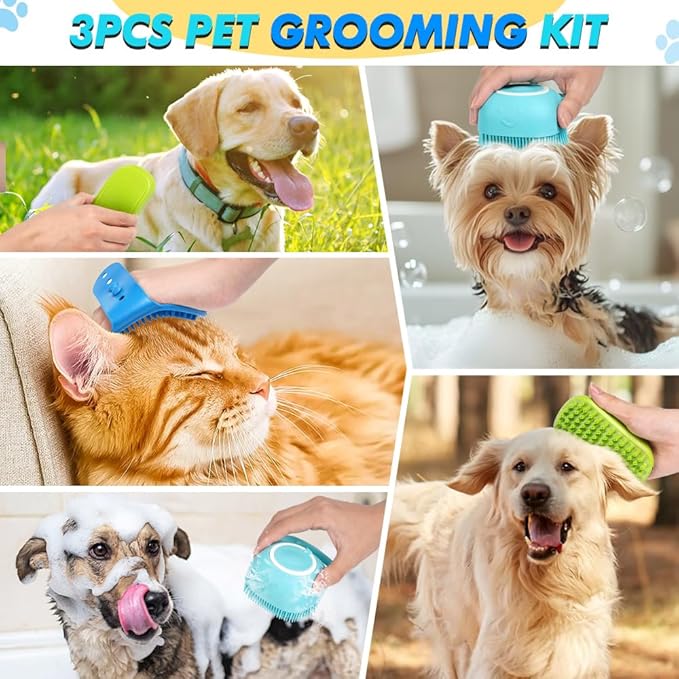 3PCS Dog Bath Brush | Dog Scrubber for Bath | Dog Shampoo Brush | Dog Washing/Shower Brush, Suitable for Short/Long Haired Dogs, Dog Brush for Shedding, Bathing, Massaging & Grooming (Blue Blue Green)