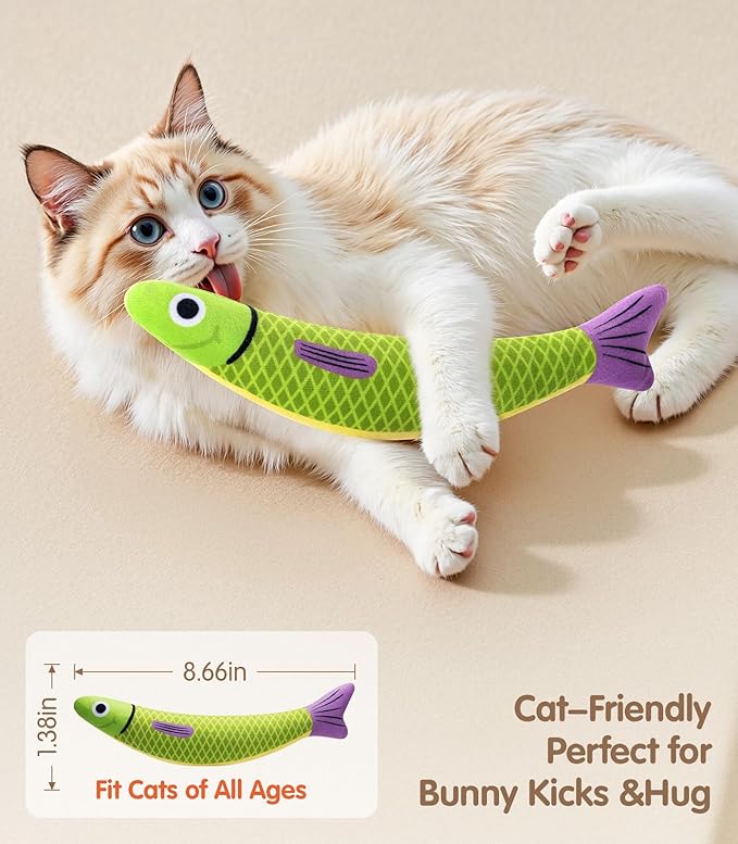 Cat Toys with[5000mg A+Natural Catnip &Silvervine] [Baby Grade] Interactive Soft Chew Kicker Cat Toys for Indoor Cats & Kittens, [Crinkle &Bell] Fish Sound Toy, Drives Bored Cat Crazy with Fun