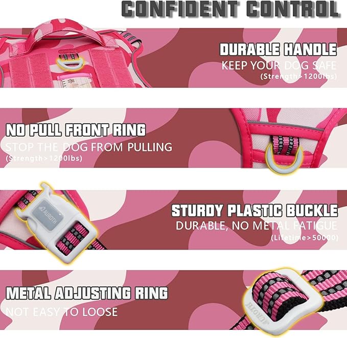 Auroth Tactical Pet Harness for Small Medium Large Dogs No Pull Adjustable, Reflective K9 Working Training Easy Control Vest Military Service Dog, Medium, Pink Camo