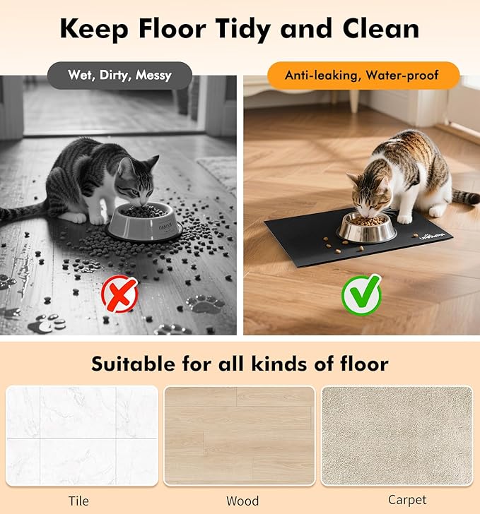 Pet Food Mat Absorbent Cat Food Mat Dog Mat for Food and Water Quick Dry No Stains Dog Feeding Mat Placemat for Messy Drinkers Cat Food Mats for Indoor Cats Bowl Mat Pet Supplies 12"X20" Black
