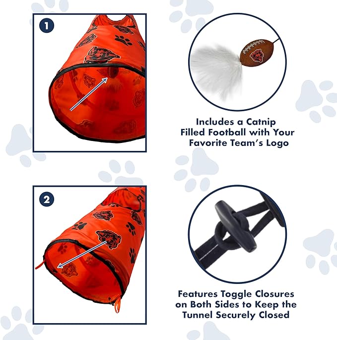 NFL Denver Broncos Cat Tunnel Tube Toy with Plush Football Catnip and Feathers Collapsible Tunnel for Cats to Play, Peek and Hide, Sporty & Fun Cat Tunnel Toy with Team Logo All-Over Design!