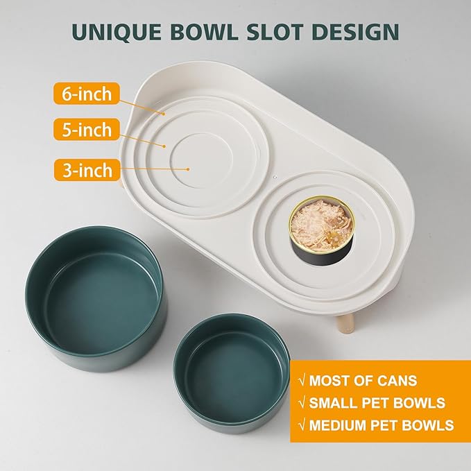 Elevated Ceramic Cat Bowl Set - Raised Double Dishes for Food & Water - Non-Slip Stand & Splash Proof - for Cats & Puppies - 2 x 480 ML - 16.23 OZ
