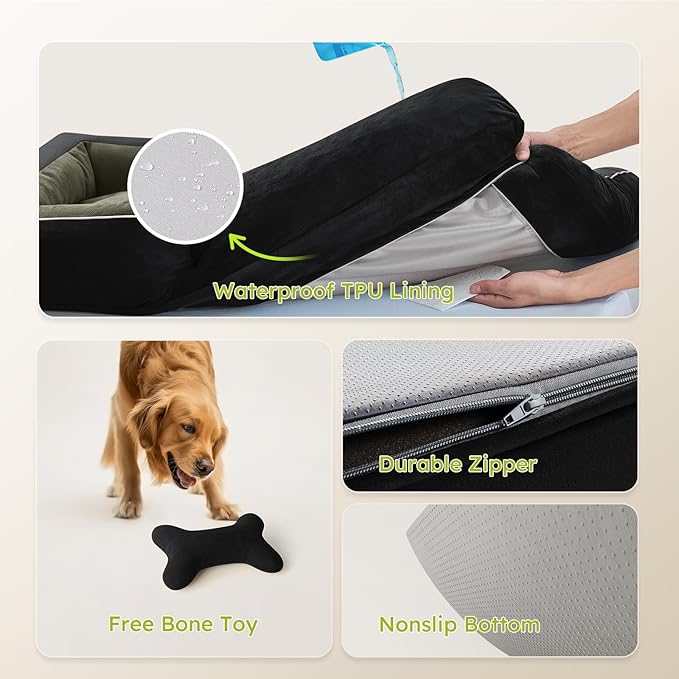 Dog Beds for Large Dogs, Orthopedic Dog Bed with Cooling Gel Memory Foam, Waterproof Large Pet Bed with Removable Washable Cover, 36" Pet Sofa Couch Dutch Velvet with Bone Toy, Black