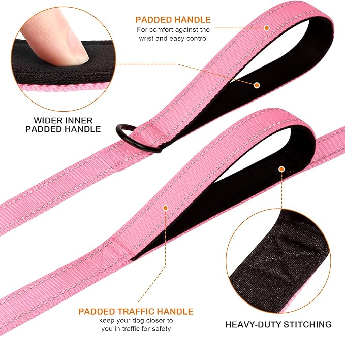 Joytale Dog Leash Heavy Duty for Large Dogs That Pull, Double Handle for Traffic Control, Double-Sided Reflective Leashes for Large Medium Dogs Night Safety, 5FT, Pink