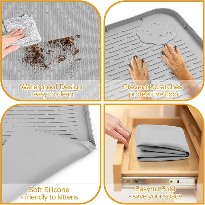 Lanstics Dog Food Mat, 50" x 35" Large Silicone Mat Dog Feeding Mat with Raised Edge Non-Slip Pet Feeding Mat for Food and Water Bowl, Easy to Clean, Floor Protection (Gray)