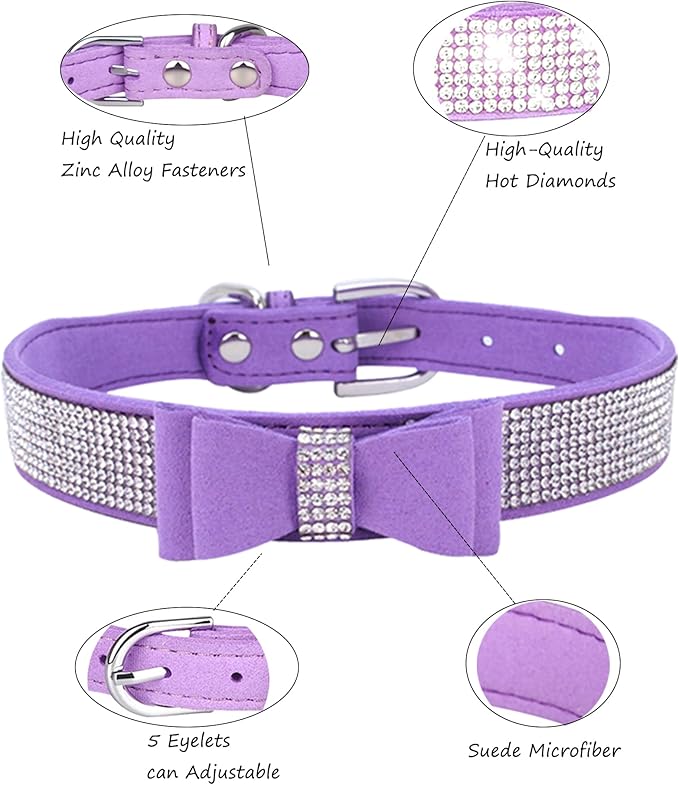 Rhinestone Dog Collar for Small Medium Large Dogs, Adjustable Leather Suede Bling Dog Collars，Diamond Bow Tie Puppy Collars for Boy and Girl.