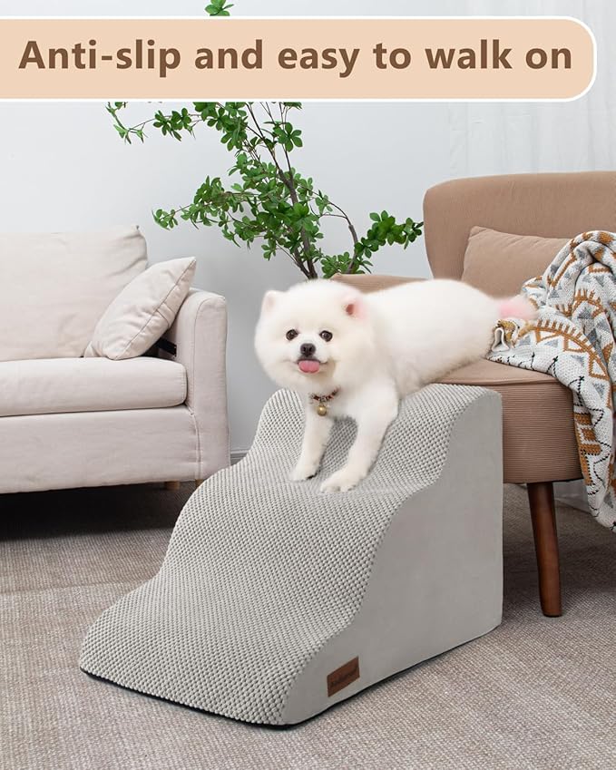 Dog Stairs for Small Dogs,3 Step Dog Ramp for Couch and Bed,Pet Stairs with Non-Slip Bottom for Old Cats,Indoor Pet Steps,Comfort,Durable,15.4" H,Light Grey