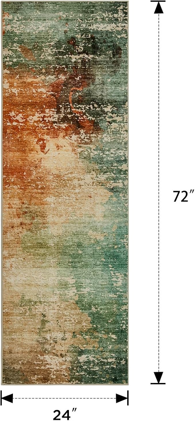 Joydeco 2x6 Washable Runner Rug for Hallway, Modern Abstract Non-Slip Soft Rugs, Low Pile Carpet for Entryway, Bedroom, Kitchen, Laundry, Green & Orange & White