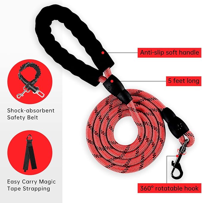 IVY&LANE No Pull Dog Harness for Large Dogs, Dog Vest Harness with Leash, Safety Belt and Storage Strap, Fully Adjustable Harness, 360° Reflective Strip, Soft Handle (Red, L)