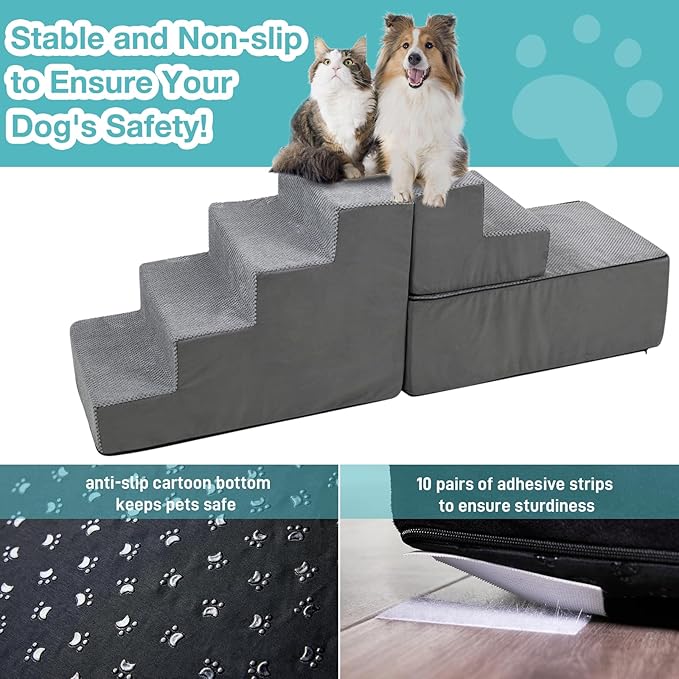 30" Dog Stairs&Steps for Small Dogs for High Beds 6-Step Pet Ramp Up to 30-36" High for Small Dogs & Cats, Grey No Assembly Required