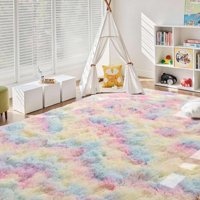 5x7 Ft Shag Kids Colorful Rugs for Bedroom, Ultra Soft Fluffy Furry Area Rugs for Nursery Living Room Indoor Floor, Aesthetic Carpet Home Decor (Rainbow)