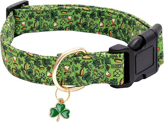 Faygarsle St Patrick's Day Dog Collar Cute Holiday Collar for Small Medium Large Dogs Green Trefoil Print Lucky Straw Cotton Dog Collar M
