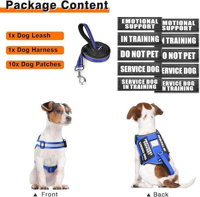 Service Dog Harness and Leash Set, Training Dog Vest with 10 Dog Patches, Emotional Support Therapy Dog Vest Harness for Small Medium Large and Extra Large Dogs(Blue, XS)