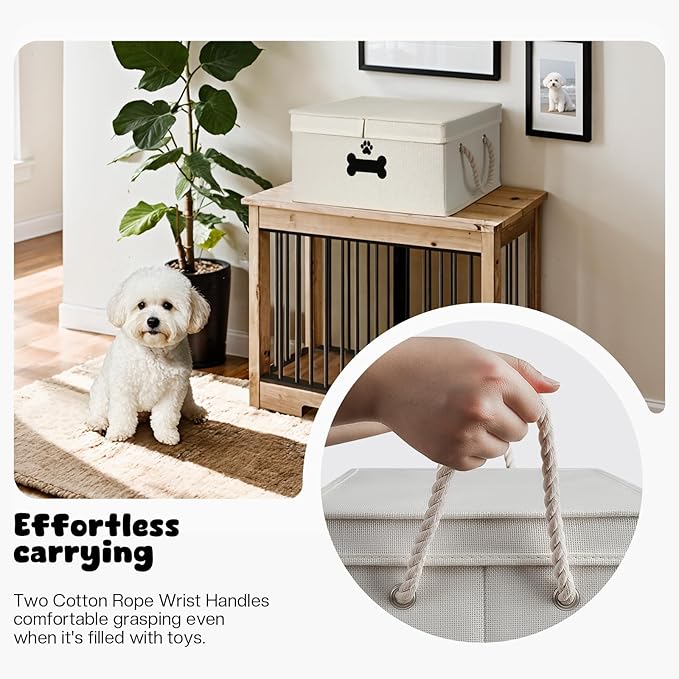 Dog Toy Basket with Double-Open Lid, Divided Dogs Basket for Toys, Collapsible Pet Toy Box, Dog Storage Organizer with 2 Divided Area, Puppy Toys Baskets with Rope Handles, Beige