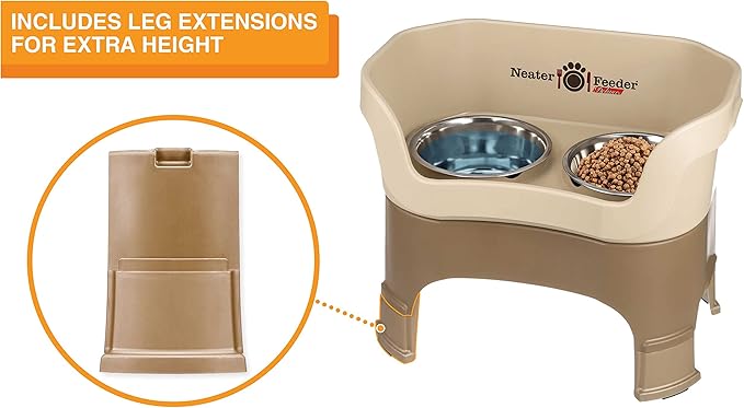 Neater Feeder Deluxe Mess Proof Dog Bowls Elevated for Large Breeds – Made in USA – No Spill Raised Slow Feeder Elevated Dog Bowl Stand w/Leg Extensions, Food and Water Bowl Set, Cappuccino