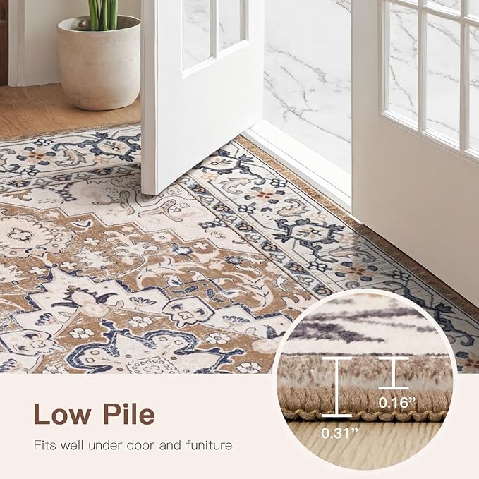 Lofus 8x10 Area Rugs for Living Room, Washable Area Rug, Rugs for Bedroom, Kitchen, Vintage Boho Carpet, Soft Non-Slip, Low Pile Large Area Rug for Office Dining Room, Floral Brown