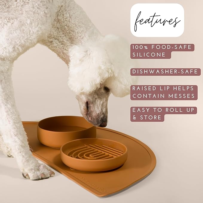 Should We Go? - Waterproof Silicone Pet Food Mat - Non-Slip Spill-Proof Feeding Mats for Floors, Raised Edge Design, Easy-to-Clean Rubber Mat for Dog & Cat Bowls, 28" Across x 14" Deep, Large-Charcoal