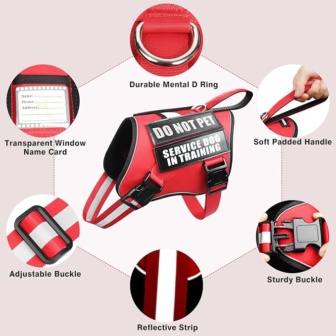 WINSEE Small Dog Harness & Leash Set, Red, X-Small, Nylon, Emotional Support Therapy Vest with 10 Patches, Breathable, Adjustable, for Service Dog Training